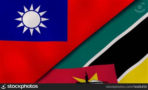 Two states flags of Taiwan and Mozambique. High quality business background. 3d illustration. The flags of Taiwan and Mozambique. News, reportage, business background. 3d illustration