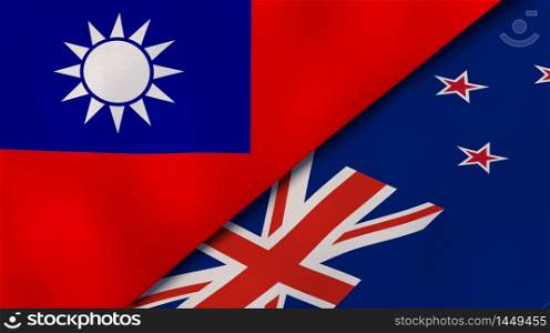 Two states flags of Taiwan and New Zealand. High quality business background. 3d illustration. The flags of Taiwan and New Zealand. News, reportage, business background. 3d illustration