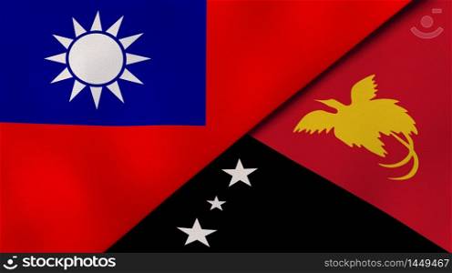 Two states flags of Taiwan and Papua New Guinea. High quality business background. 3d illustration. The flags of Taiwan and Papua New Guinea. News, reportage, business background. 3d illustration