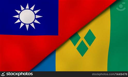 Two states flags of Taiwan and Saint Vincent and Grenadines. High quality business background. 3d illustration. The flags of Taiwan and Saint Vincent and Grenadines. News, reportage, business background. 3d illustration