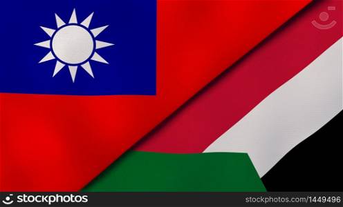 Two states flags of Taiwan and Sudan. High quality business background. 3d illustration. The flags of Taiwan and Sudan. News, reportage, business background. 3d illustration