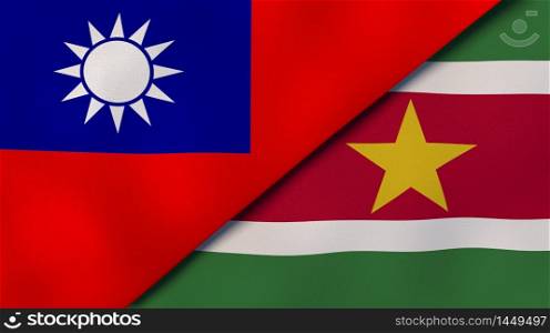 Two states flags of Taiwan and Suriname. High quality business background. 3d illustration. The flags of Taiwan and Suriname. News, reportage, business background. 3d illustration