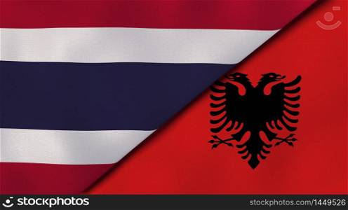 Two states flags of Thailand and Albania. High quality business background. 3d illustration. The flags of Thailand and Albania. News, reportage, business background. 3d illustration