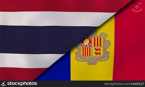 Two states flags of Thailand and Andorra. High quality business background. 3d illustration. The flags of Thailand and Andorra. News, reportage, business background. 3d illustration