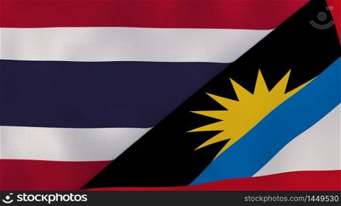 Two states flags of Thailand and Antigua and Barbuda. High quality business background. 3d illustration. The flags of Thailand and Antigua and Barbuda. News, reportage, business background. 3d illustration