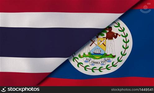 Two states flags of Thailand and Belize. High quality business background. 3d illustration. The flags of Thailand and Belize. News, reportage, business background. 3d illustration