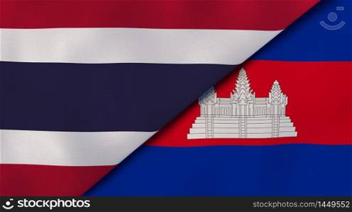 Two states flags of Thailand and Cambodia . High quality business background. 3d illustration. The flags of Thailand and Cambodia . News, reportage, business background. 3d illustration
