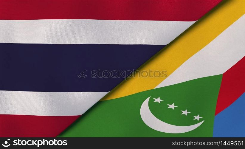 Two states flags of Thailand and Comoros. High quality business background. 3d illustration. The flags of Thailand and Comoros. News, reportage, business background. 3d illustration