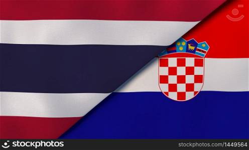 Two states flags of Thailand and Croatia. High quality business background. 3d illustration. The flags of Thailand and Croatia. News, reportage, business background. 3d illustration