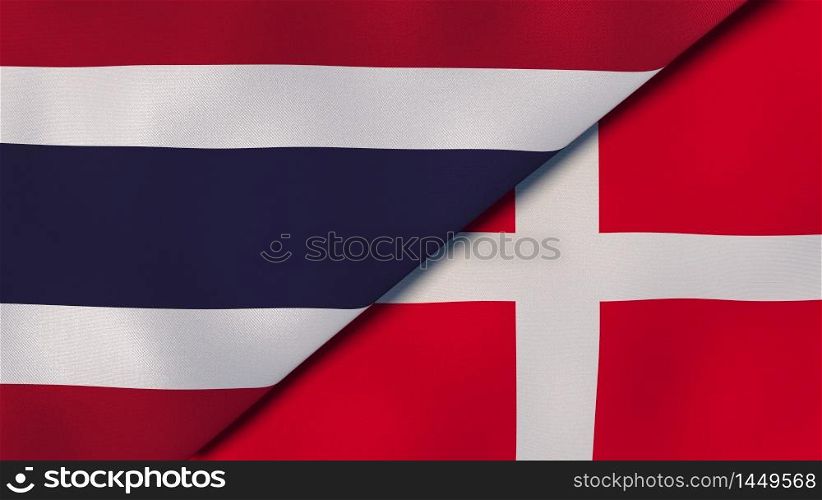 Two states flags of Thailand and Denmark. High quality business background. 3d illustration. The flags of Thailand and Denmark. News, reportage, business background. 3d illustration