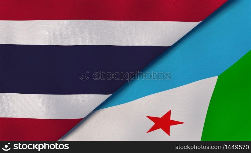 Two states flags of Thailand and Djibouti. High quality business background. 3d illustration. The flags of Thailand and Djibouti. News, reportage, business background. 3d illustration