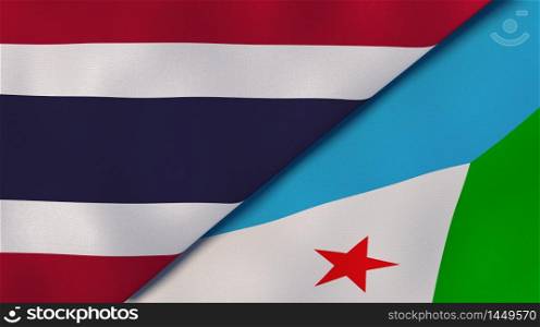Two states flags of Thailand and Djibouti. High quality business background. 3d illustration. The flags of Thailand and Djibouti. News, reportage, business background. 3d illustration