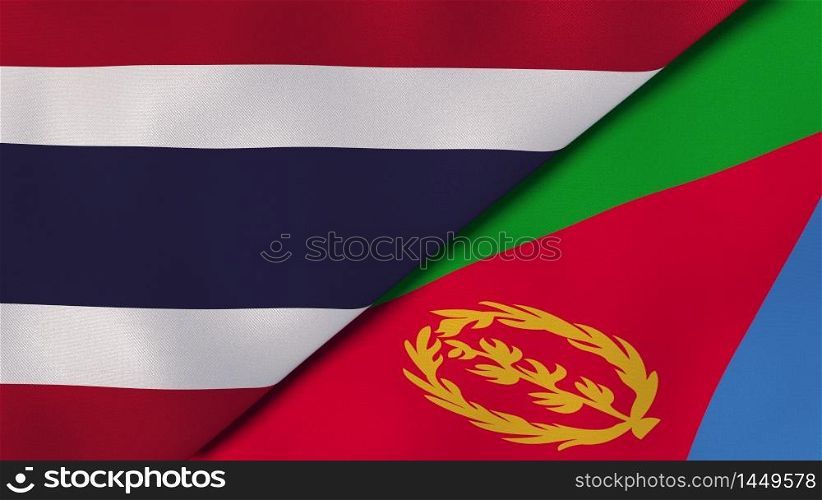 Two states flags of Thailand and Eritrea. High quality business background. 3d illustration. The flags of Thailand and Eritrea. News, reportage, business background. 3d illustration