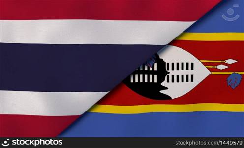 Two states flags of Thailand and Eswatini. High quality business background. 3d illustration. The flags of Thailand and Eswatini. News, reportage, business background. 3d illustration