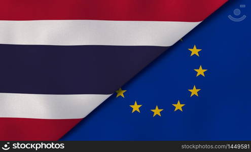 Two states flags of Thailand and European Union. High quality business background. 3d illustration. The flags of Thailand and European Union. News, reportage, business background. 3d illustration