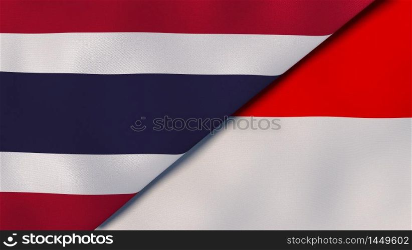 Two states flags of Thailand and Indonesia. High quality business background. 3d illustration. The flags of Thailand and Indonesia. News, reportage, business background. 3d illustration