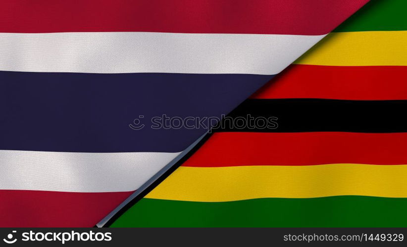 Two states flags of Thailand and Zimbabwe. High quality business background. 3d illustration. The flags of Thailand and Zimbabwe. News, reportage, business background. 3d illustration