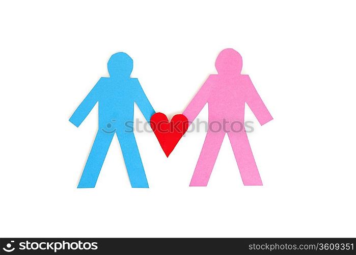 Two stick figures holding a red paper heart over white background