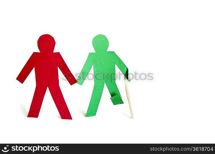 Two stick figures holding hands one with an injury over white background