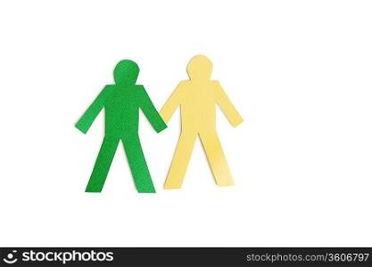 Two stick figures holding hands over white background