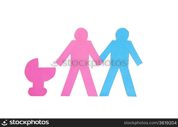 Two stick figures holding hands while standing besides a baby carriage over white background