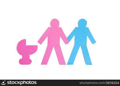 Two stick figures holding hands while standing besides a baby carriage over white background
