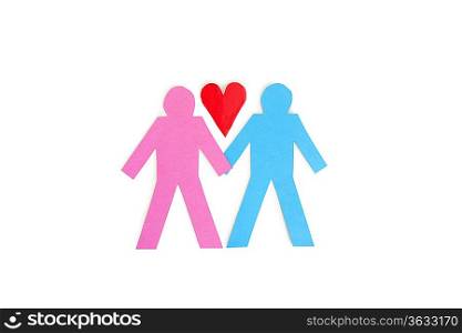 Two stick figures holding hands with a red paper heart over white background