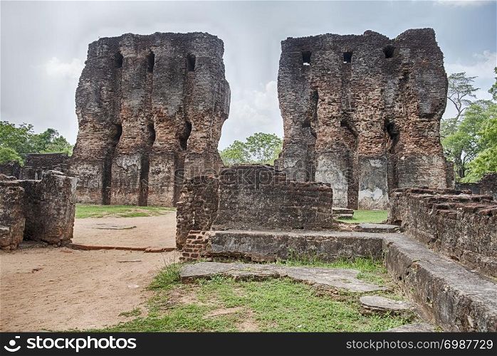 Two stone towers of the royal palace are still standing in the ancient city of Polonnaruwa on Sri Lanka.