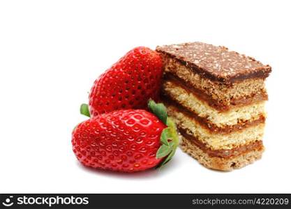 two strawberries and cocoa cake isolated on white