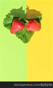 Two strawberries lie on a green strawberry leaf. Strawberries isolated on yellow and green background.. Two strawberries lie on a green strawberry leaf