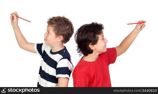 Two student children writing something isolated on white background