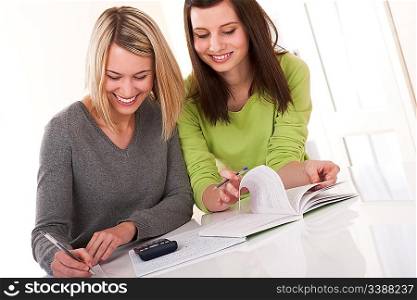 Two students writing homework together