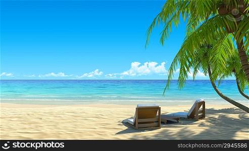 Two stylish beach chairs on idyllic tropical white sand beach. Shadow from the palm trees. No noise, clean, extremely detailed 3d render. Concept for holidays, spa, resort design.