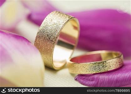 Two stylish textured gold wedding rings amongst scattered fragrant pink rose petals symbolic of love, romance and a lifelong commitment