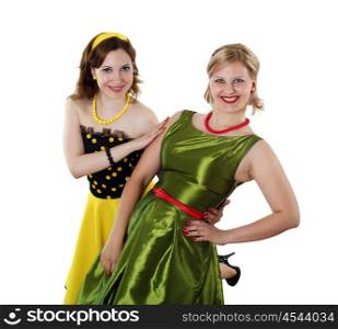 two stylish young woman in bright colour dresses