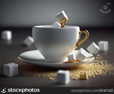 Two sugar cubes falling into a white coffee cup filled with liquid gold created with generative AI technology