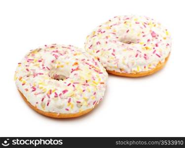 two sugar glazed donuts covered in sprinkles isolated on white