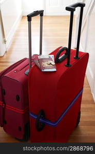 Two suitcases standing in hallway elevated view