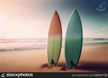 Two surfboards on beach. Sea surf lifestyle. Generate Ai. Two surfboards on beach. Generate Ai