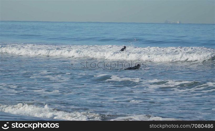 Two surfers near the Santa Monica Pier.