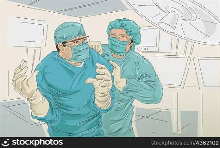 Two surgeons standing in an operating room