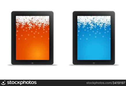 Two tablet computer with orange and blure christmas wallpaper.