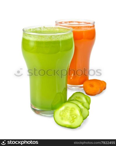 Two tall glass juice of carrot and cucumber, slices of vegetables isolated on white background