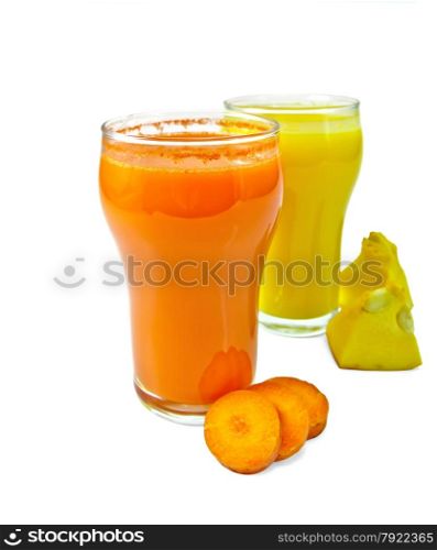 Two tall glass juice of carrot and pumpkin, vegetables isolated on white background