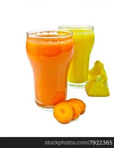 Two tall glass juice of carrot and pumpkin, vegetables isolated on white background