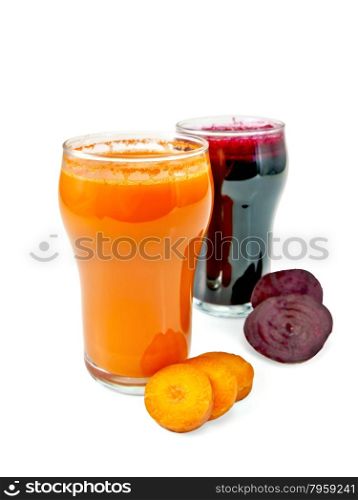 Two tall glass of carrot juice and beet, vegetables isolated on white background