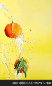 two tangerines and water splashes on yellow, close up