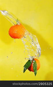 two tangerines and water splashes on yellow, close up