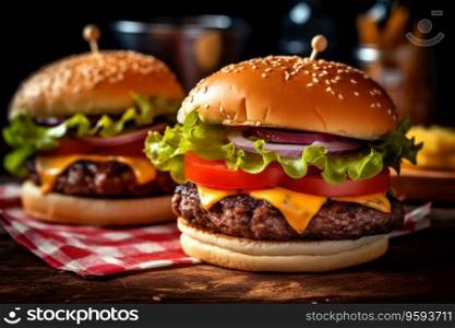 Two tasty cheeseburgers on rustic wooden table with copy space