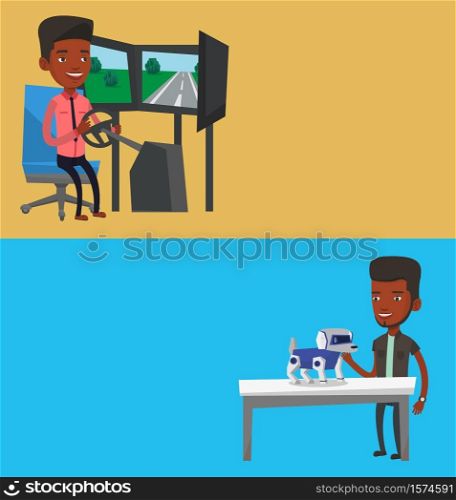 Two technology banners with space for text. Vector flat design. Horizontal layout. Man playing with a robotic dog. Smiling man standing near the table with cyber dog on it. Man stroking a robotic dog.. Two technology banners with space for text.